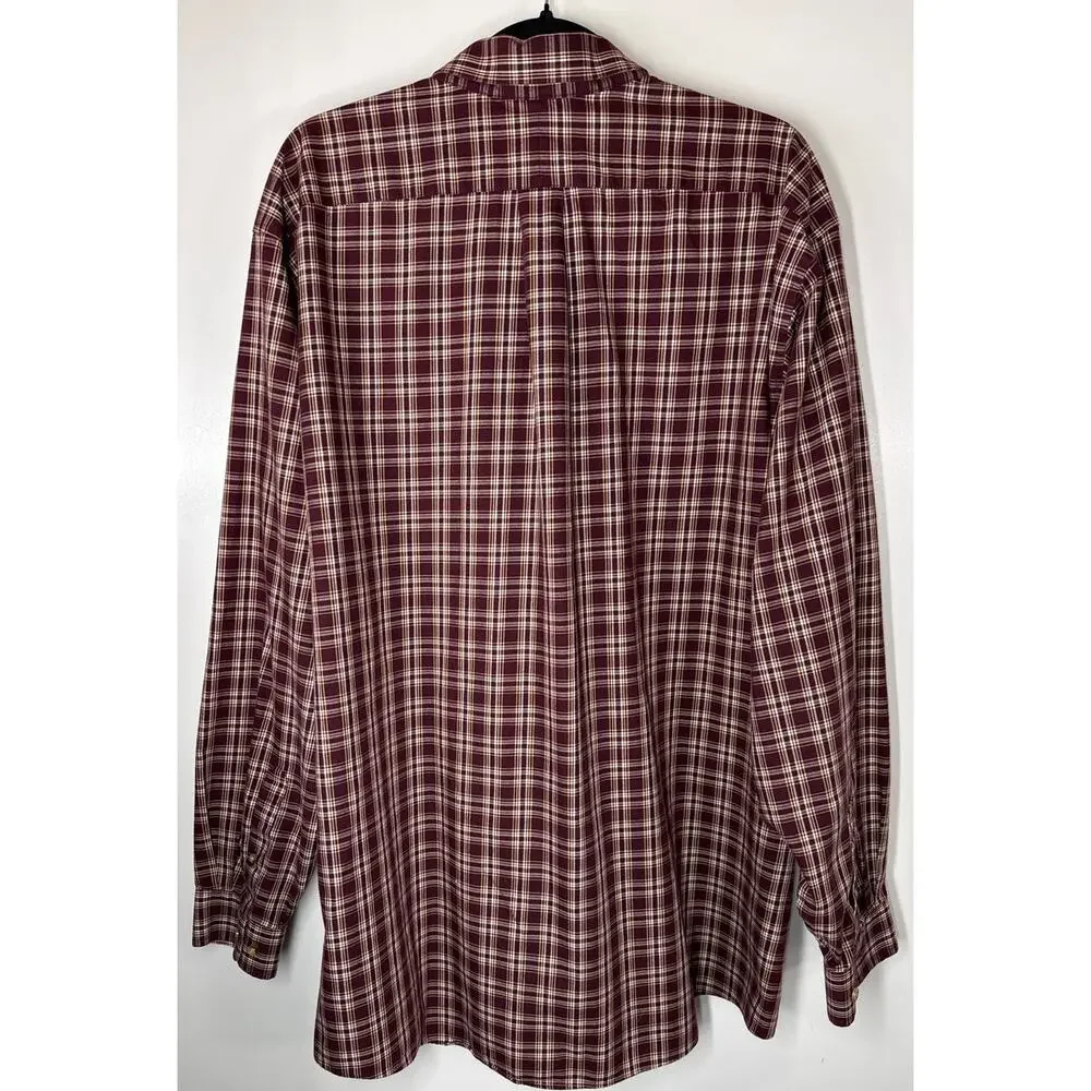 L.L. Bean Men's XXL Tall Burgundy Plaid Cotton Shirt, Traditional Fit